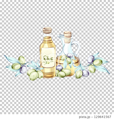 Beautiful watercolor illustration featuring olives and olive oil inspired by Italian cuisine frame, border, arrangement Beautiful watercolor illustration featuring olives and olive oil inspired by Italian cuisine frame, border, arrangement 129641567