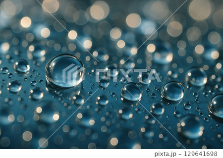 Close up of water droplets on a blue metallic surface. 129641698