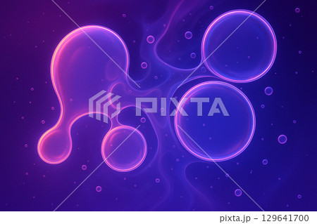 Abstract macro shot of purple and pink oil droplets suspended in liquid with soft bokeh background Abstract macro shot of purple and pink oil droplets suspended in liquid with soft bokeh background 129641700