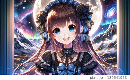 ゴシックロリータ風の黒いドレス姿の笑顔の若い女性。満月とオーロラ ゴシックロリータ風の黒いドレス姿の笑顔の若い女性。満月とオーロラ 129641928