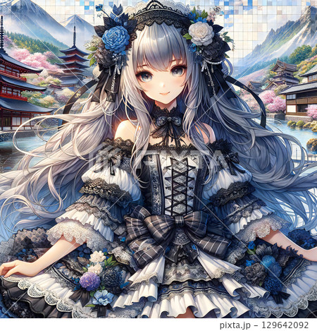 ゴシックロリータ風の黒いドレス姿の若い女性 129642092