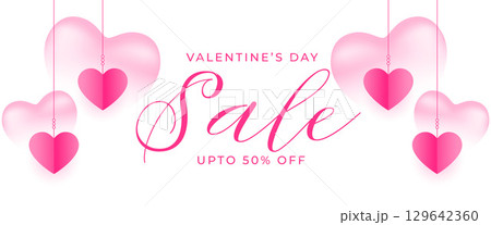 valentines day sale and discount banner with hanging hearts 129642360