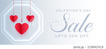 valentines day sale banner with hanging style paper hearts 129642419