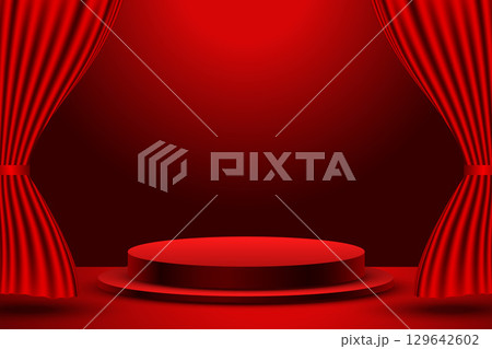 3d podium platform for product display with red cinema curtain 3d podium platform for product display with red cinema curtain 129642602