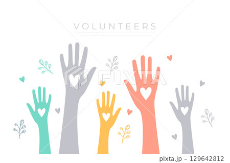 colorful volunteers solidarity team hand up with love heart design 129642812