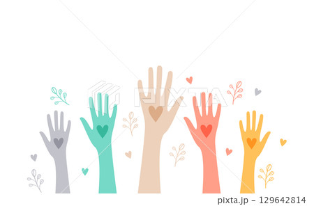 flat style colorful volunteers team hand up with love heart 129642814