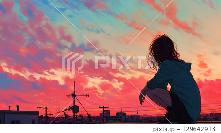 夕焼けを見つめる女の子 129642913