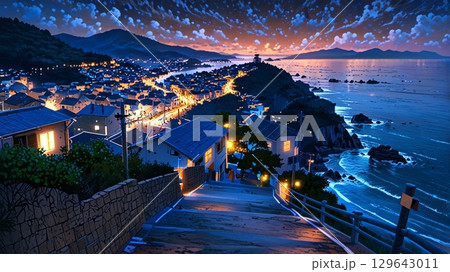 夜の海辺の街並み 129643011