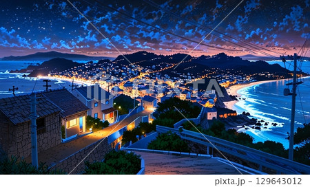 夜の海辺の街並み 129643012