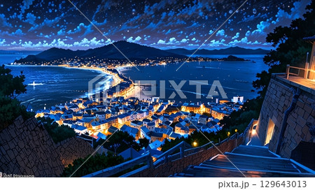 夜の海辺の街並み 129643013