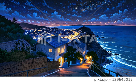 夜の海辺の街並み 夜の海辺の街並み 129643015