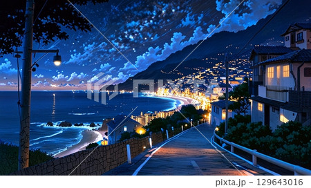 夜の海辺の街並み 夜の海辺の街並み 129643016