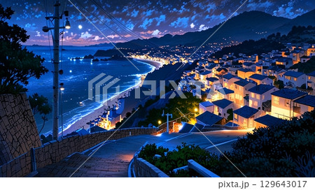 夜の海辺の街並み 129643017