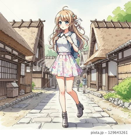 大内宿を散策する女の子 129643261
