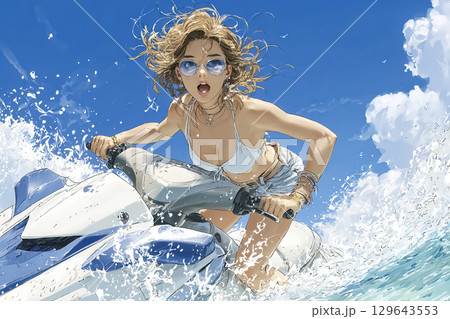 ショートボブの女性が青い海でジェットスキーを楽しむ女性 129643553