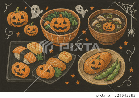 ハロウィン和食のパーティーメニュー｜黒背景イラスト（寿司／丼／スープ） 129643593