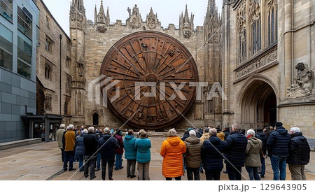 Crowd Gazing at the Colossal Wheel of Time Sculpture in front of 129643905
