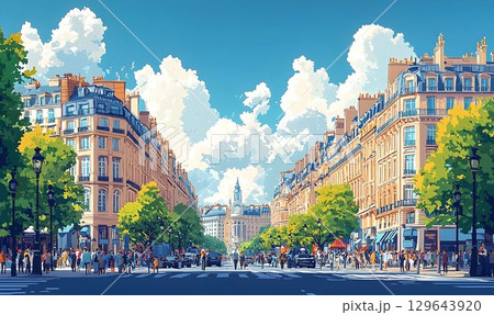 Parisian Street Scene with Crowds, Classic Architecture, and Bil 129643920