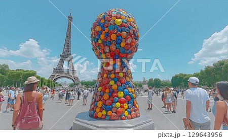 Eiffel Tower backdrop to colorful sculpture in Paris with touris 129643956