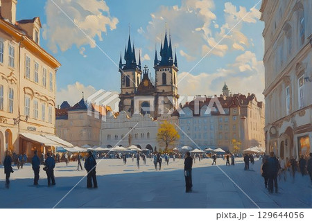 European city square church sunlight people architecture background illustration 129644056