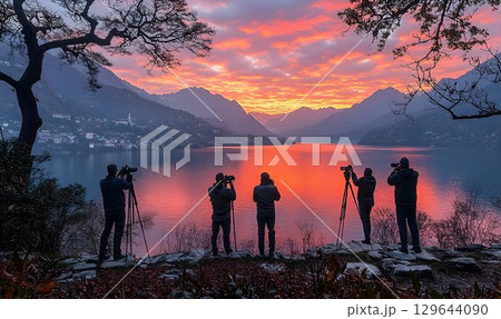 Photographers capturing a vibrant sunset over a tranquil lake su Photographers capturing a vibrant sunset over a tranquil lake su 129644090