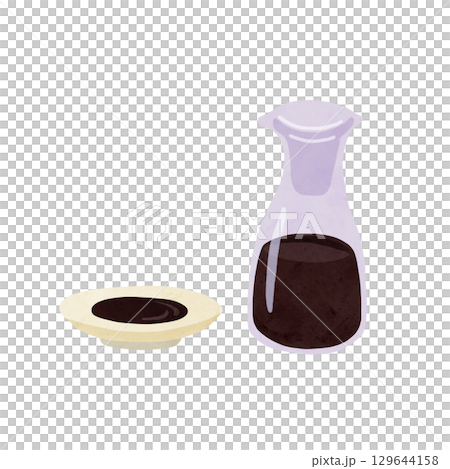 Soy sauce dispenser and small plate watercolor hand-drawn illustration 129644158