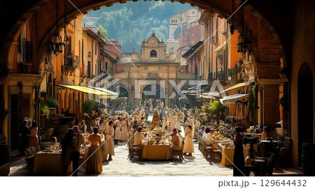Sunlit Italian Street Scene with Festive Outdoor Dining 129644432