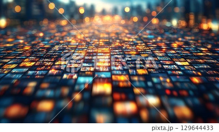 Abstract Grid of Screens Displaying Cityscapes with Bokeh Lights 129644433