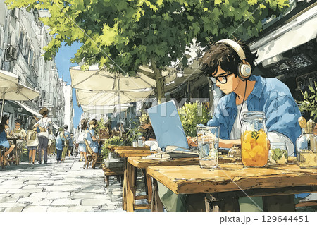 屋外カフェでノートパソコンを使う男性 屋外カフェでノートパソコンを使う男性 129644451