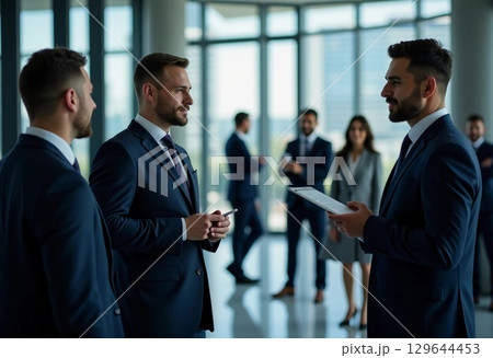 Professionals in business suits gather in a sleek high-rise office, engaging in a dynamic discussion. 129644453