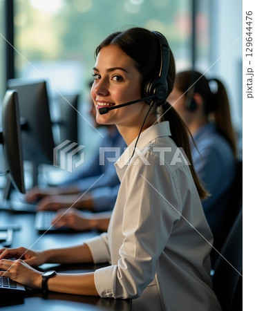 A cheerful young woman in a white shirt uses a headset while working in a contemporary office. She interacts with clients, displaying professionalism and attentiveness. 129644476