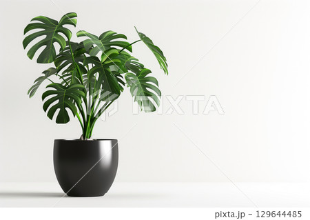 黒い鉢に植えられたモンステラの観葉植物 129644485