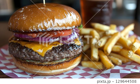 Juicy cheeseburger with golden fries appetizing food photography 129644508