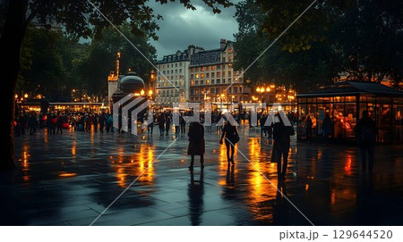Rainy Night in London: Reflections on Wet Pavement in a Busy Squ 129644520