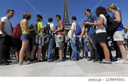 Tourists Gather Near Eiffel Tower on Sunny Day, Enjoying Sightse 129644561