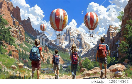 Children Hiking Towards Hot Air Balloons in a Mountainous Landsc Children Hiking Towards Hot Air Balloons in a Mountainous Landsc 129644562