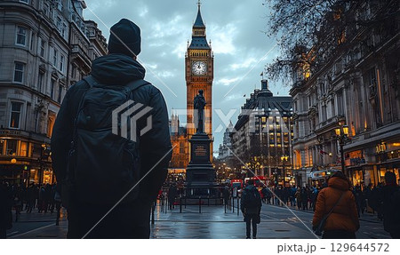 London Dusk: A Lone Figure Gazes at Big Ben 129644572