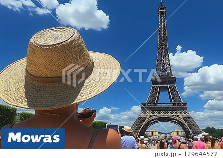 Tourist with Straw Hat Capturing Eiffel Tower on Sunny Day in Pa 129644577