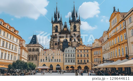 Prague's Old Town Square with Tyn Church and Colorful Buildings 129644611