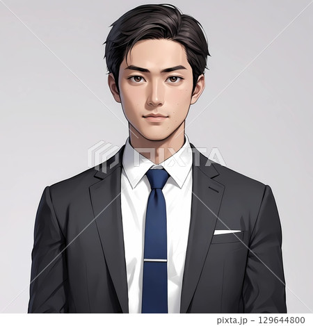 黒髪の若い男性ビジネスマン ネイビースーツと青いネクタイ姿（白背景） 129644800