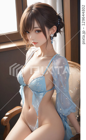 セクシーな水色の下着姿の若い女性 129644802