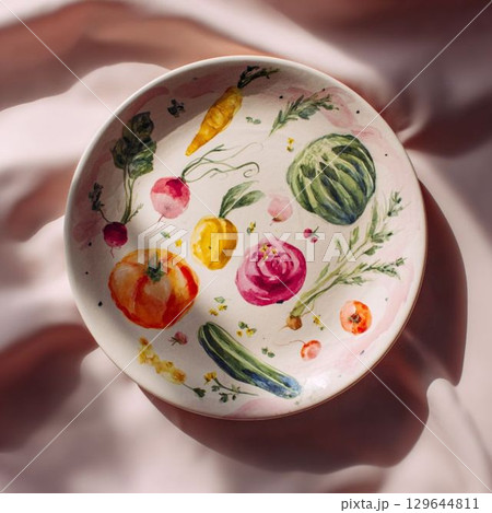 カラフルな野菜を描いた水彩画のプレート 129644811