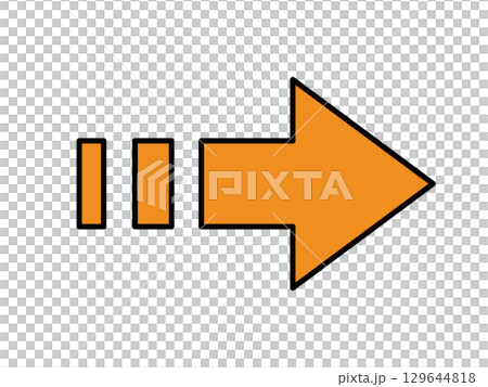 Orange arrow pointing right with line decoration of different thicknesses 129644818