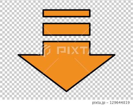 Orange arrow pointing down with line decorations of different thicknesses 129644819