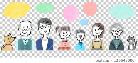 A variation set of smiling three-generation family icons and colorful speech bubbles 129645006