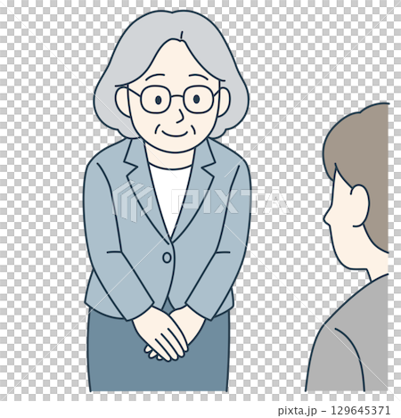 鞠躬的老年婦女（腰部以上/辦公室休閒裝，彩色） 129645371