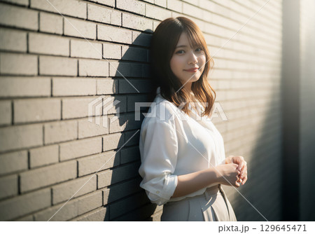 レンガ壁の前で微笑む白い服の若い女性のポートレート 129645471