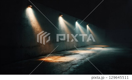Dimly lit urban alleyway with textured concrete walls, illuminated by overhead lights casting dramatic shadows, creating a mysterious and atmospheric scene for visual storytelling 129645511