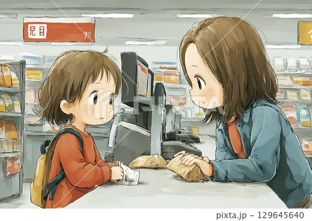 美優シリーズ：初めての買い物　レジで戸惑う女の子 129645640