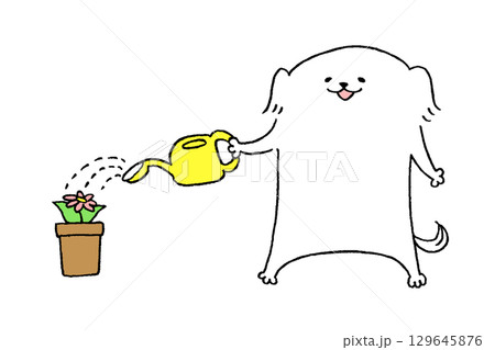 じょうろで水やりする犬 129645876